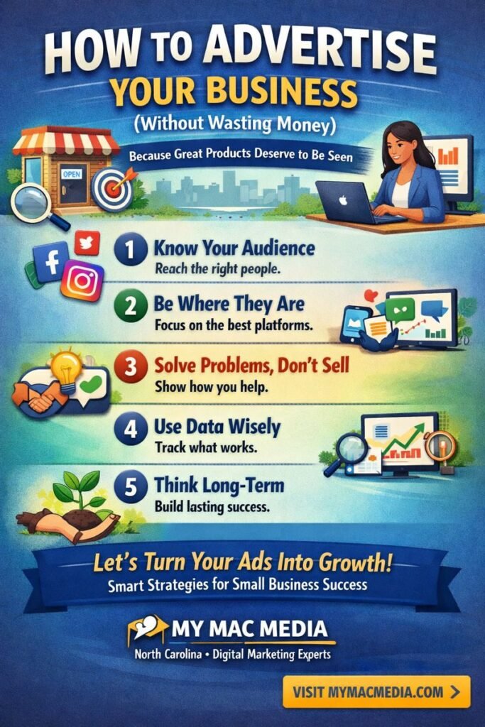 Infographic titled “How to Advertise Your Business (Without Wasting Money)” showing 5 tips for small business advertising: know your audience, be where they are (Instagram, Facebook, Google, email), solve problems not sell, use data wisely, and think long-term. Includes My Mac Media branding and a call to visit mymacmedia.com.