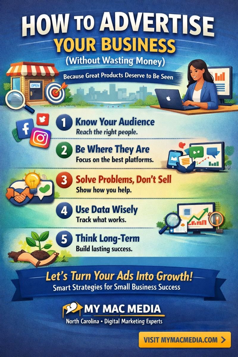 How to advertise your business effectively without wasting money: focus on the right audience, choose the best channels (Facebook Ads, Instagram, Google Ads, and email), solve customer problems, use data to optimize spend, and build a long-term advertising strategy. Built for small businesses in North Carolina by My Mac Media—visit mymacmedia.com for smarter ROI-focused marketing.
